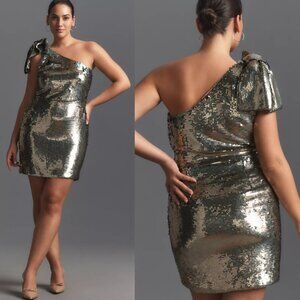 Anthropologie Maeve One-Shoulder Sequin Mini Dress NWT in Gold Sequin 10
